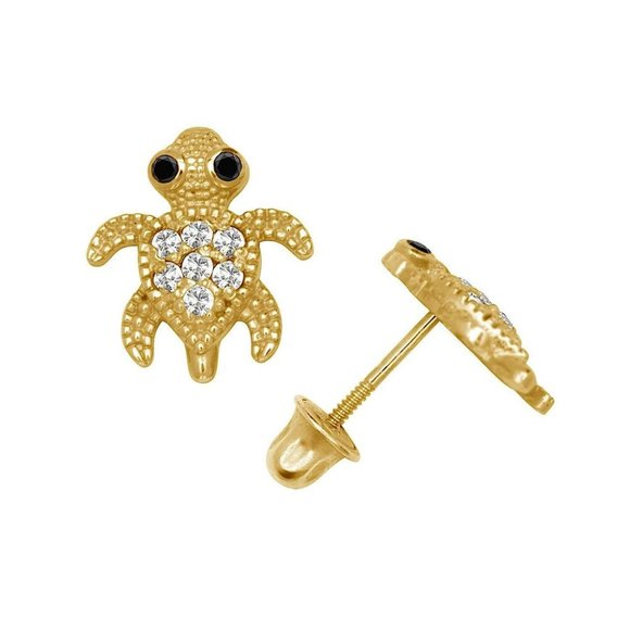 14K Solid Gold Sea Turtle Studs Screw Back Earrings Set with Birthstones